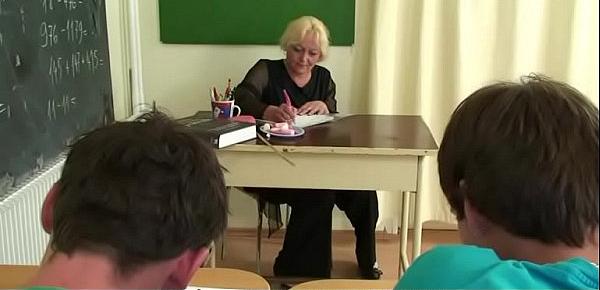  Lucky studs have fun with old mature blonde teacher